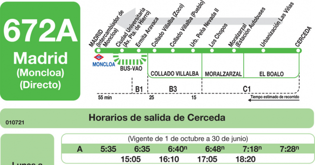Tabla de horarios y frecuencias de paso en sentido vuelta Línea 672-A: Madrid (Moncloa) - Cerceda