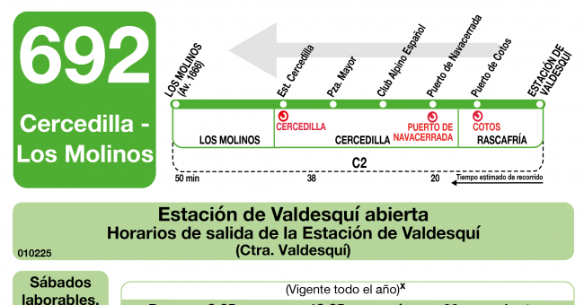 Tabla de horarios y frecuencias de paso en sentido vuelta Línea 692: Los Molinos - Cercedilla - Valdesquí