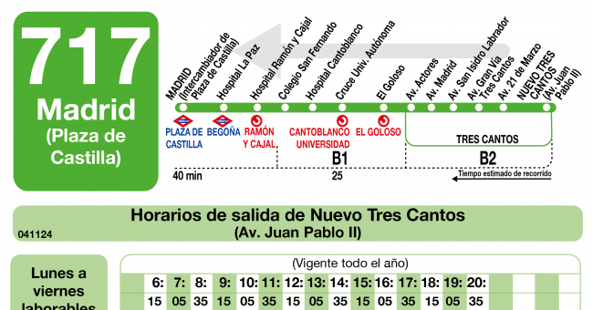Tabla de horarios y frecuencias de paso en sentido vuelta Línea 717: Madrid (Plaza Castilla) - Nuevo Tres Cantos