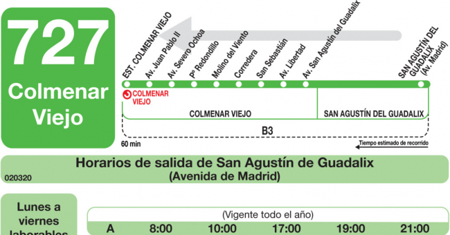 Tabla de horarios y frecuencias de paso en sentido vuelta Línea 727: Colmenar Viejo - San Agustín del Guadalix