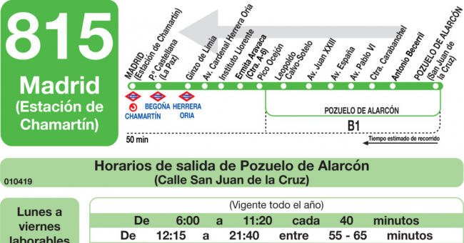 Tabla de horarios y frecuencias de paso en sentido vuelta Línea 815: Madrid (Chamartín) - Pozuelo de Alarcón