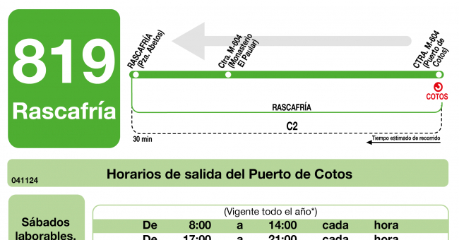 Tabla de horarios y frecuencias de paso en sentido vuelta Línea 819: Cotos