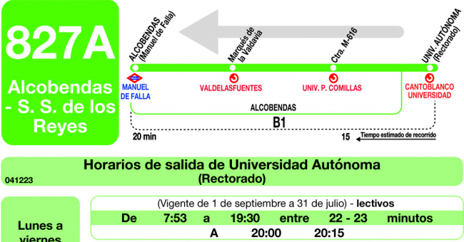 Tabla de horarios y frecuencias de paso en sentido vuelta Línea 827-A: San Sebastián de los Reyes - Alcobendas - Universidad Autónoma