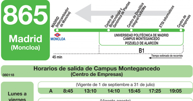 Tabla de horarios y frecuencias de paso en sentido vuelta Línea 865: Madrid (Ciudad Universitaria) - Campus Universidad Montegancedo