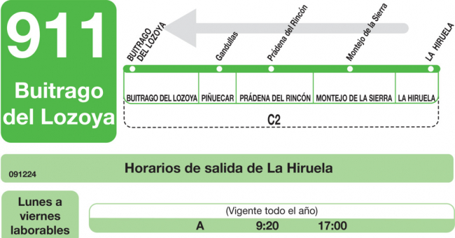 Tabla de horarios y frecuencias de paso en sentido vuelta Línea 911: Buitrago - Montejo - La Hiruela