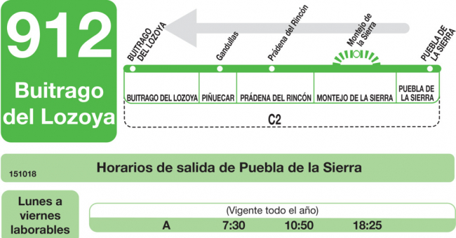 Tabla de horarios y frecuencias de paso en sentido vuelta Línea 912: Buitrago - Montejo - Puebla de la Sierra