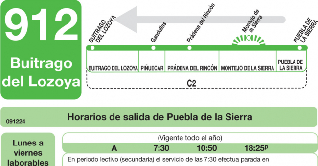 Tabla de horarios y frecuencias de paso en sentido vuelta Línea 912: Buitrago - Montejo - Puebla de la Sierra