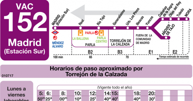 Tabla de horarios y frecuencias de paso en sentido vuelta Línea VAC-152: Madrid (Estación Sur) - Piedrabuena