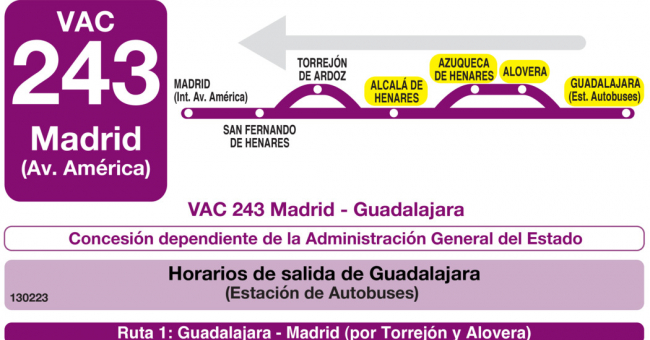 Tabla de horarios y frecuencias de paso en sentido vuelta Línea VAC-243 Ruta 5: Ruta 5: Guadalajara - Alcalá de Henares