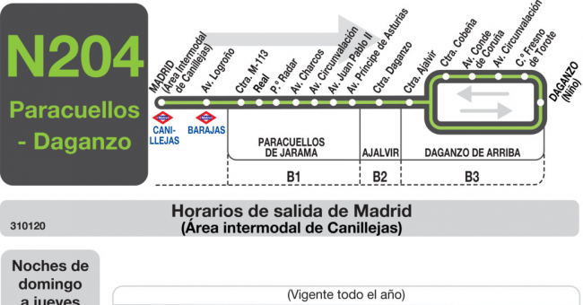 Tabla de horarios y frecuencias de paso en sentido ida Línea N-204: Madrid (Canillejas) - Paracuellos - Daganzo