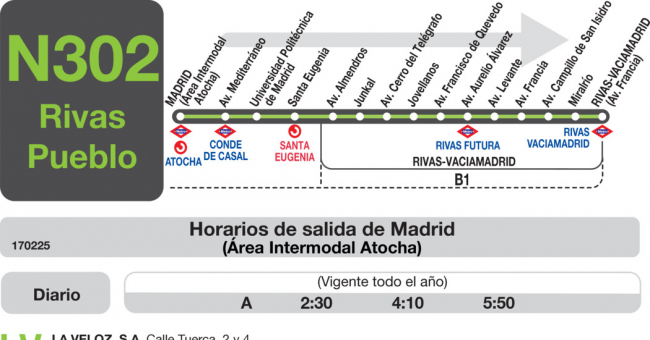 Tabla de horarios y frecuencias de paso en sentido ida Línea N-302: Madrid (Conde Casal) - Rivas Pueblo
