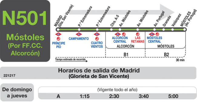 Tabla de horarios y frecuencias de paso en sentido ida Línea N-501: Madrid (Príncipe Pío) - Alcorcón - Móstoles