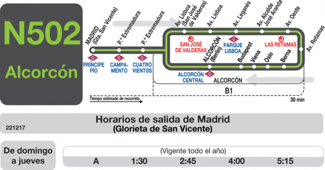 Tabla de horarios y frecuencias de paso en sentido ida Línea N-502: Madrid (Príncipe Pío) - Alcorcón