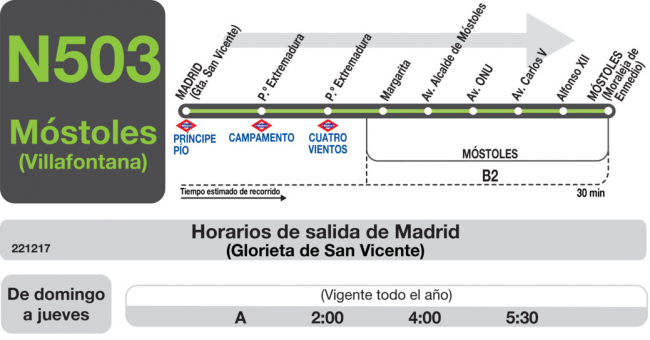 Tabla de horarios y frecuencias de paso en sentido ida Línea N-503: Madrid (Príncipe Pío) - Móstoles (Villafontana)
