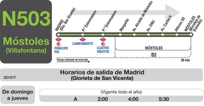 Tabla de horarios y frecuencias de paso en sentido ida Línea N-503: Madrid (Príncipe Pío) - Móstoles (Villafontana)