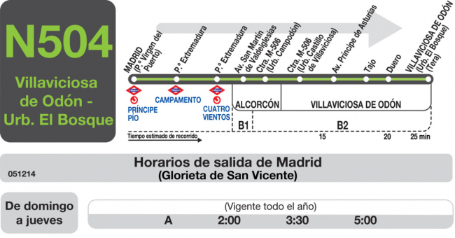 Tabla de horarios y frecuencias de paso en sentido ida Línea N-504: Madrid (Príncipe Pío) - Villaviciosa de Odón
