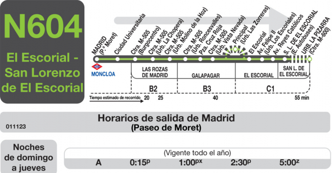 Tabla de horarios y frecuencias de paso en sentido ida Línea N-604: Madrid (Moncloa) - El Escorial - San Lorenzo de El Escorial