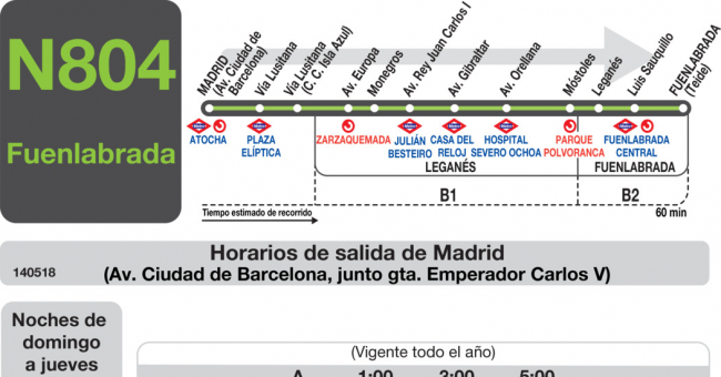 Tabla de horarios y frecuencias de paso en sentido ida Línea N-804: Madrid (Atocha) - Leganés (Arroyo Culebro)