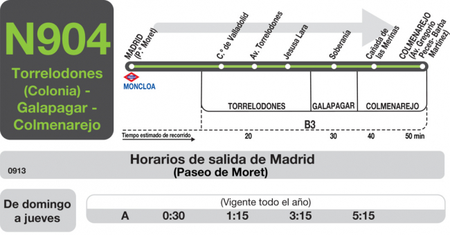 Tabla de horarios y frecuencias de paso en sentido ida Línea N-904: Madrid (Moncloa) - Torrelodones (Colonia) - Galapagar - Colmenarejo