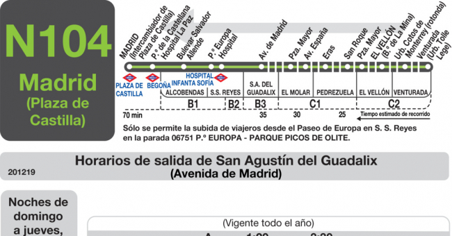 Tabla de horarios y frecuencias de paso en sentido vuelta Línea N-104: Madrid (Plaza Castilla) - San Agustín de Guadalix