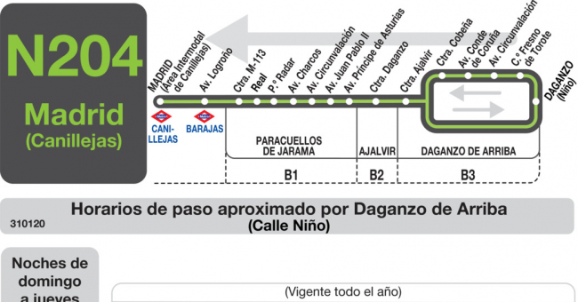 Tabla de horarios y frecuencias de paso en sentido vuelta Línea N-204: Madrid (Canillejas) - Paracuellos - Daganzo