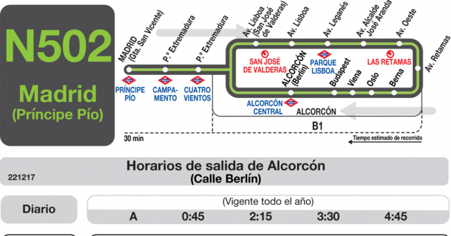Tabla de horarios y frecuencias de paso en sentido vuelta Línea N-502: Madrid (Príncipe Pío) - Alcorcón