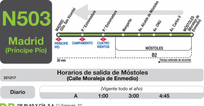 Tabla de horarios y frecuencias de paso en sentido vuelta Línea N-503: Madrid (Príncipe Pío) - Móstoles (Villafontana)