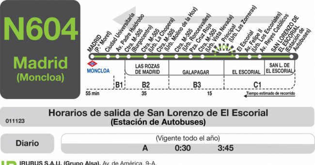 Tabla de horarios y frecuencias de paso en sentido vuelta Línea N-604: Madrid (Moncloa) - El Escorial - San Lorenzo de El Escorial