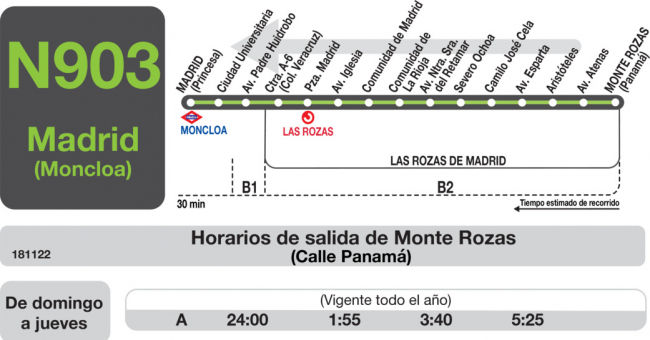Tabla de horarios y frecuencias de paso en sentido vuelta Línea N-903: Madrid (Moncloa) - Las Rozas - Monte Rozas