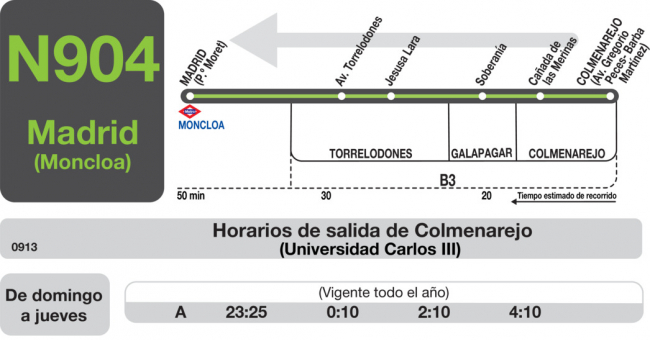 Tabla de horarios y frecuencias de paso en sentido vuelta Línea N-904: Madrid (Moncloa) - Torrelodones (Colonia) - Galapagar - Colmenarejo