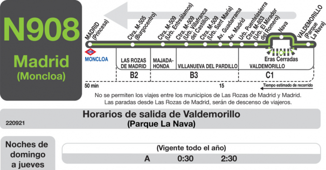 Tabla de horarios y frecuencias de paso en sentido vuelta Línea N-908: Madrid (Moncloa) - Villanueva del Pardillo - Valdemorillo