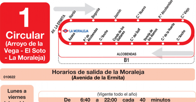 Tabla de horarios y frecuencias de paso en sentido ida Línea L-1 Alcobendas: Arroyo de la Vega - El Soto - La Moraleja