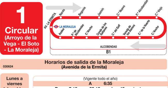 Tabla de horarios y frecuencias de paso en sentido ida Línea L-1 Alcobendas: Arroyo de la Vega - El Soto - La Moraleja