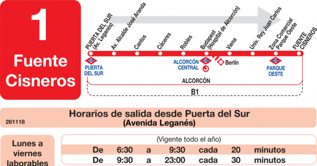 Tabla de horarios y frecuencias de paso en sentido ida Línea L-1 Alcorcón: Polvoranca - Fuente Cisneros