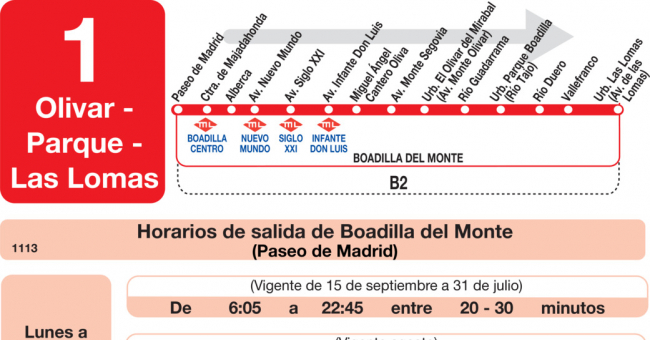 Tabla de horarios y frecuencias de paso en sentido ida Línea L-1 Boadilla del Monte: Paseo de Madrid - Olivar - Parque - Las Lomas