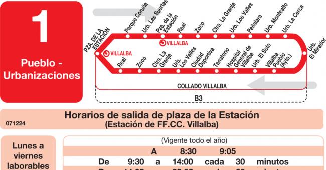 Tabla de horarios y frecuencias de paso en sentido ida Línea L-1 Collado-Villalba: Estación Cercanías RENFE - Paseo de La Coruña - Pueblo - Los Valles