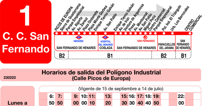 Tabla de horarios y frecuencias de paso en sentido ida Línea L-1 Coslada: Polígono Industrial - Centro Comercial San Fernando
