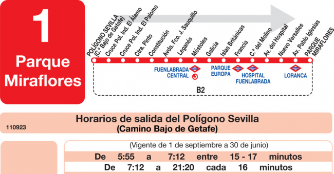 Tabla de horarios y frecuencias de paso en sentido ida Línea L-1 Fuenlabrada: Polígono Sevilla - Parque Miraflores