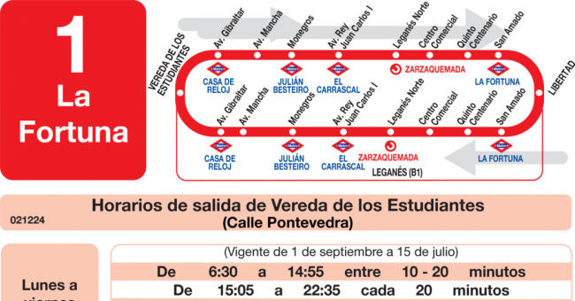 Tabla de horarios y frecuencias de paso en sentido ida Línea L-1 Leganés: Vereda de los Estudiantes - La Fortuna