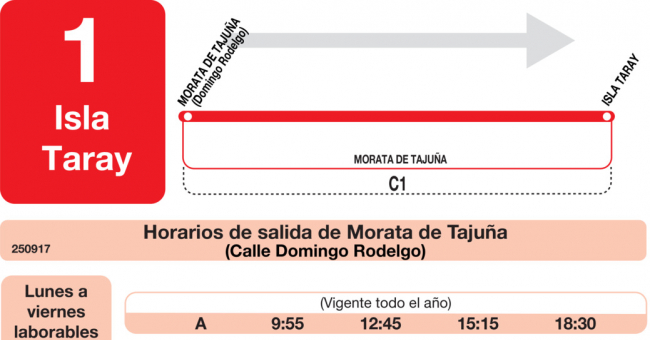 Tabla de horarios y frecuencias de paso en sentido ida Línea L-1 Morata de Tajuña: Morata de Tajuña - Isla Taray
