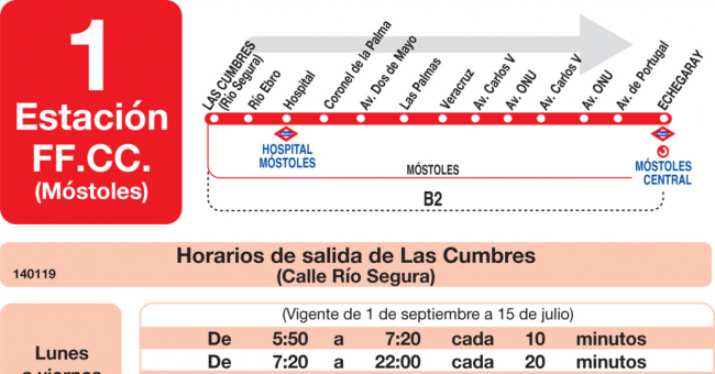 Tabla de horarios y frecuencias de paso en sentido ida Línea L-1 Móstoles: Las Cumbres - Estación Cercanías RENFE