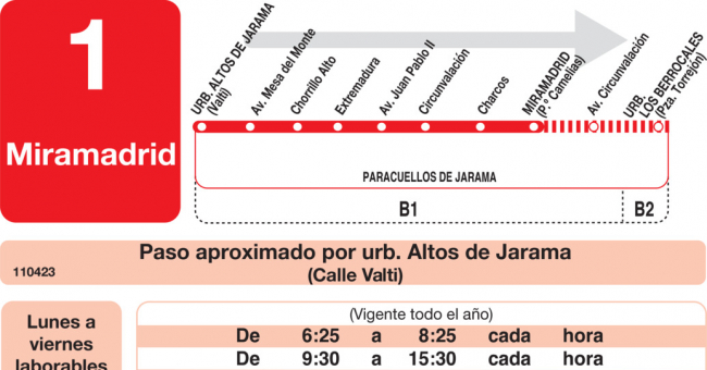 Tabla de horarios y frecuencias de paso en sentido ida Línea L-1 Paracuellos de Jarama: Altos de Jarama - Miramadrid