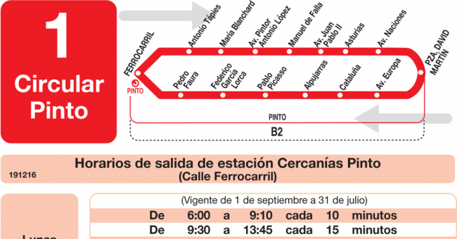 Tabla de horarios y frecuencias de paso en sentido ida Línea L-1 Pinto: Circular