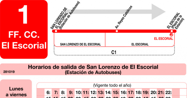 Tabla de horarios y frecuencias de paso en sentido ida Línea L-1 El Escorial: San Lorenzo de El Escorial - Estación Cercanías RENFE