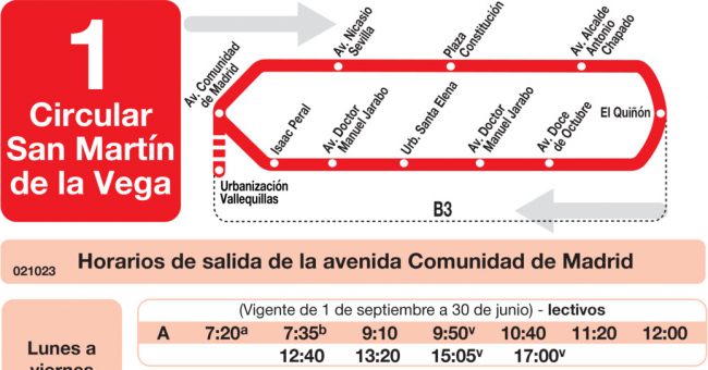 Tabla de horarios y frecuencias de paso en sentido ida Línea L-1 San Martín de la Vega: Estación Cercanías RENFE - Santa Elena - Casco Antiguo