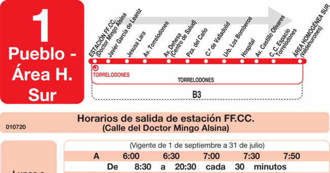 Tabla de horarios y frecuencias de paso en sentido ida Línea L-1 Torrelodones: Estación Cercanías RENFE - Colonia - Pueblo - Área Homogénea Sur