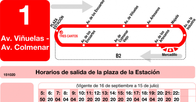 Tabla de horarios y frecuencias de paso en sentido ida Línea L-1 Tres Cantos: Estación Cercanías RENFE - Avenida Viñuelas - Avenida de Colmenar