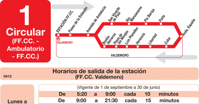 Tabla de horarios y frecuencias de paso en sentido ida Línea L-1 Valdemoro: Circular - Estación Cercanías RENFE - Ambulatorio