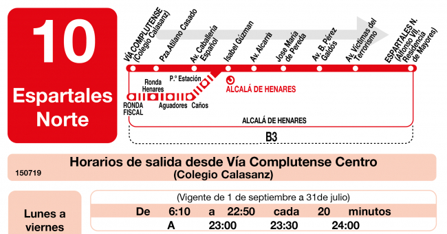 Tabla de horarios y frecuencias de paso en sentido ida Línea L-10 Alcalá de Henares: Vía Complutense - Espartales