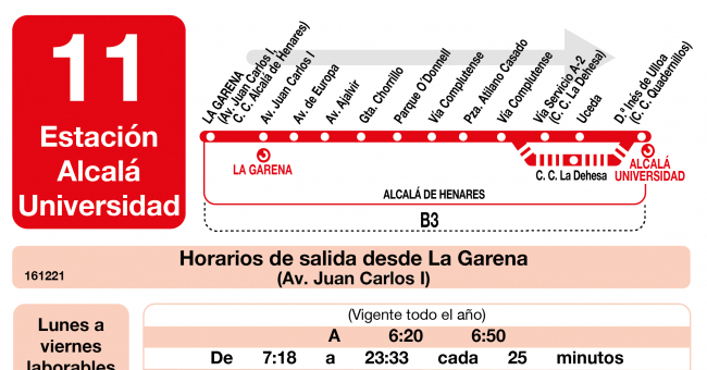 Tabla de horarios y frecuencias de paso en sentido ida Línea L-11 Alcalá de Henares: La Garena - Puerta del Universo